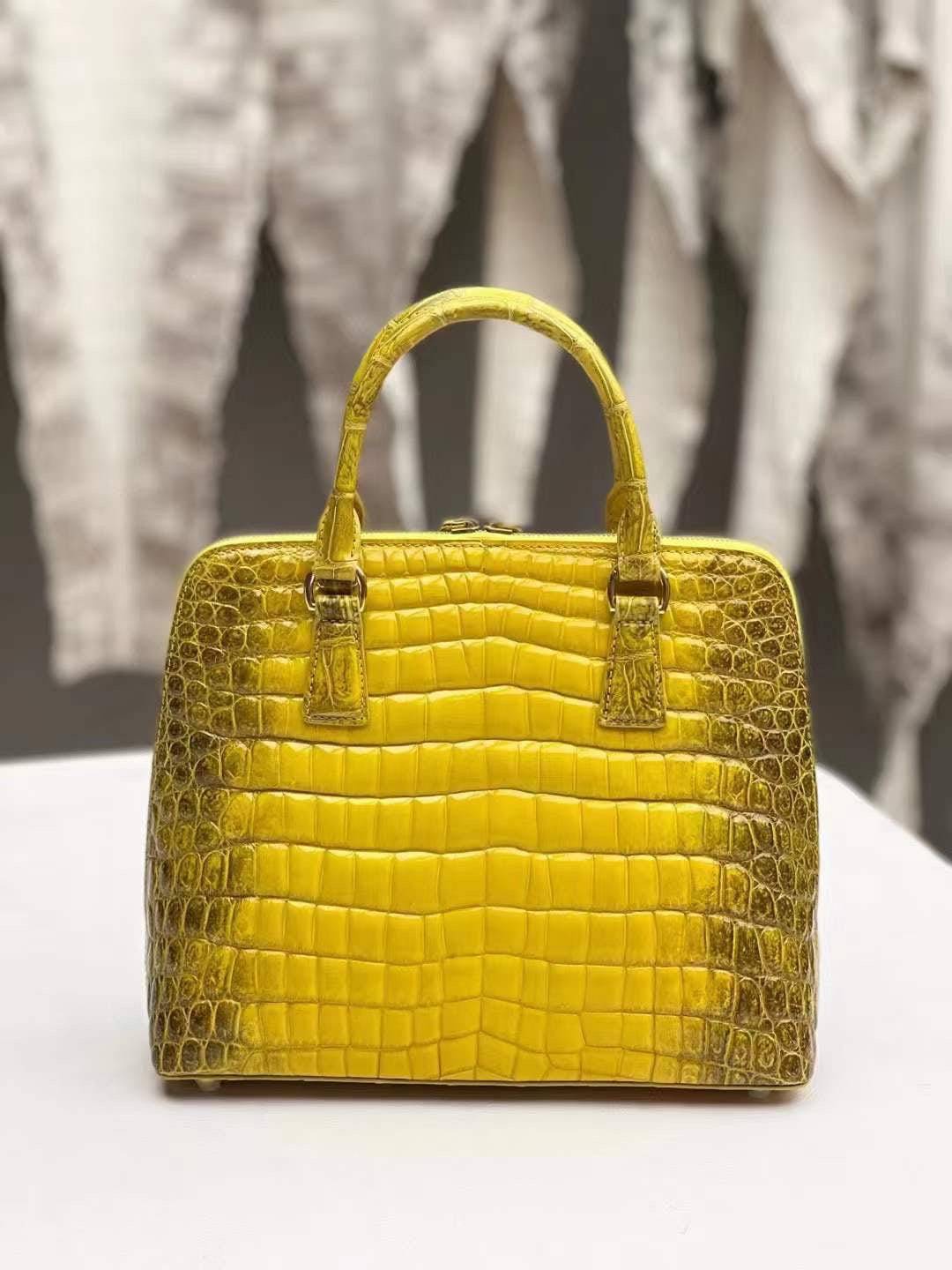 Womens Himalaya Yellow Shiny Beaded Crocodile Leather Top Handle Bag Large