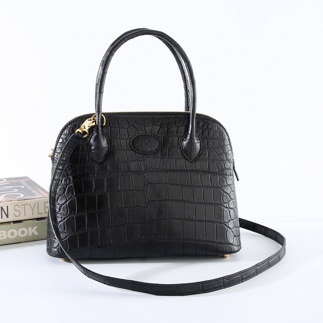 Womens Matt Genuine Crocodile Leather Mini Shell Promennade Trapezoid Cross Body Bag Black