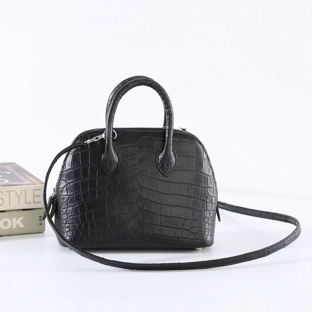 Womens Matt Genuine Crocodile Leather Mini Shell Promennade Trapezoid Cross Body Bag Black