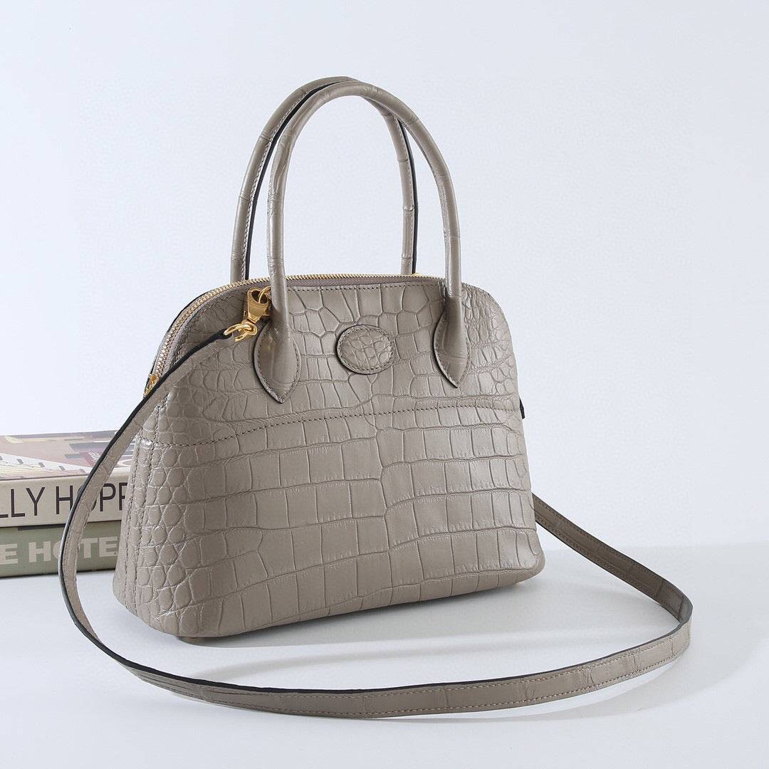 Womens Matt Genuine Crocodile Leather Shell Promennade Trapezoid Cross Body Bag Grey