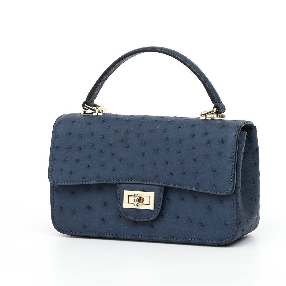 Borsa donna mini con patta in pelle di struzzo, con catena, manico superiore e tracolla