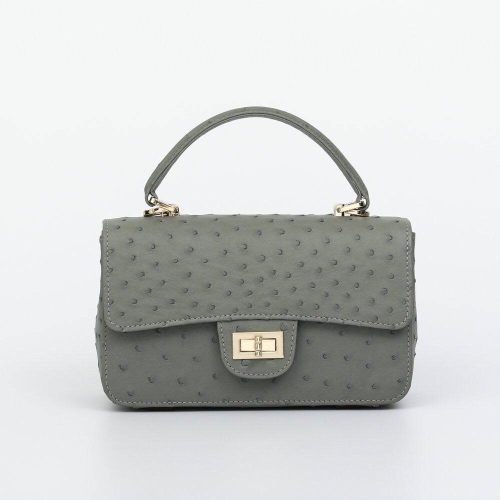 Borsa mini da donna in pelle di struzzo con patta, catena e manico superiore, a tracolla e crossbody