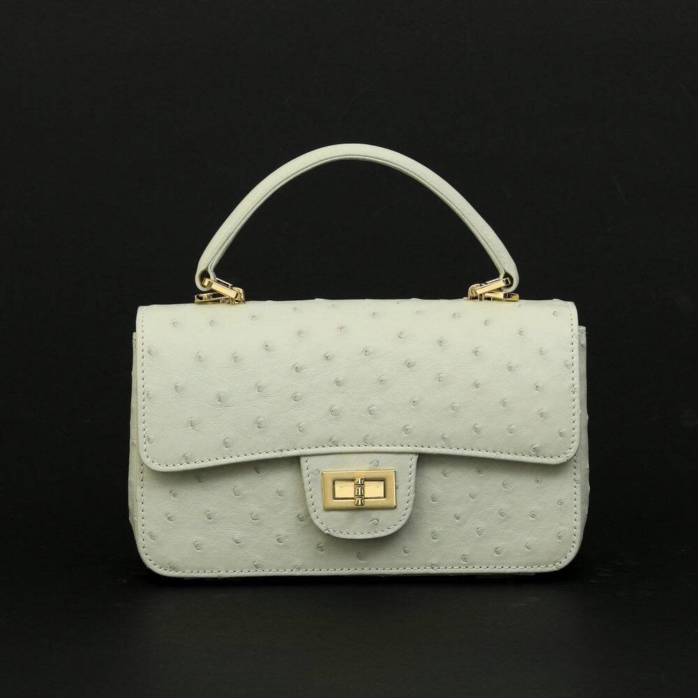 Borsa da donna mini con patta, catena, manico superiore e tracolla in pelle di struzzo