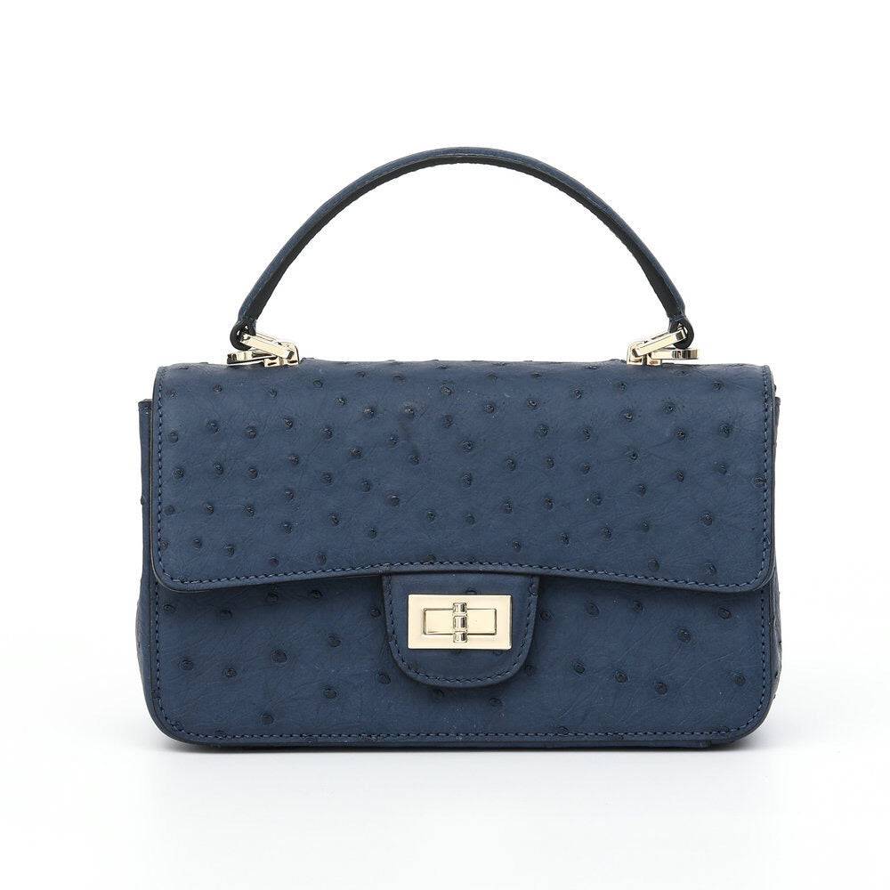 Borsa da donna in pelle di struzzo mini con patta e catena, con manico superiore, a tracolla e a spalla