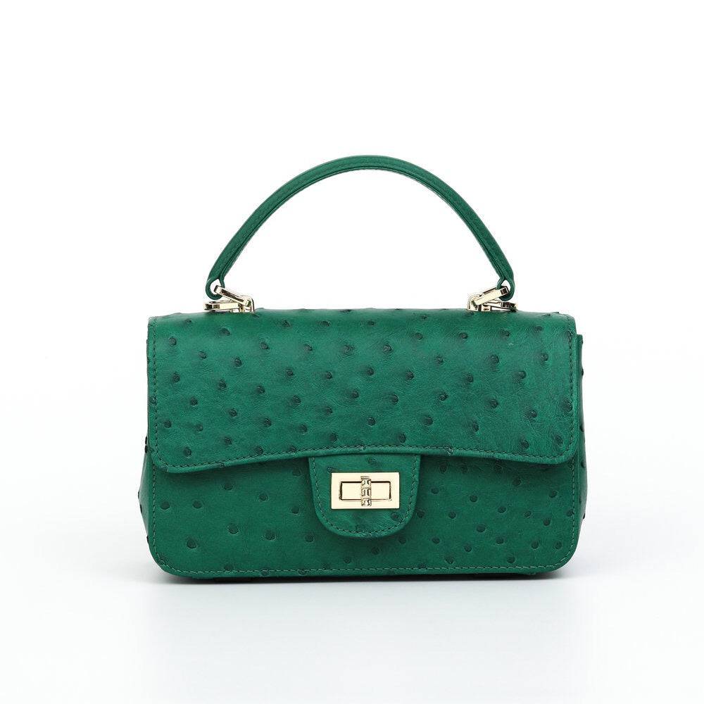 Borsa da donna mini con patta e catena in pelle di struzzo, con manico superiore e tracolla