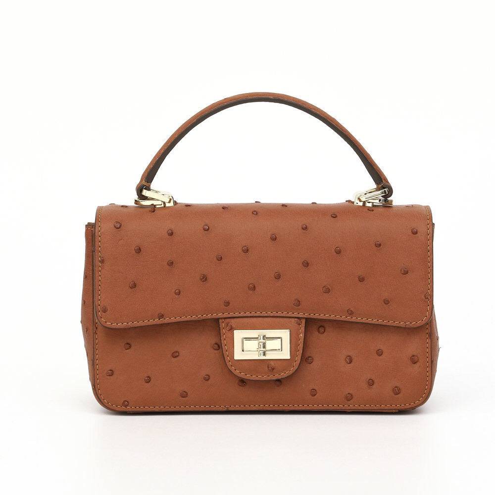 Borsa mini da donna in pelle di struzzo, con patta e catena, manico superiore, a tracolla