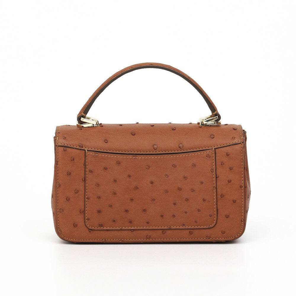Borsa mini da donna in pelle di struzzo con patta, catena, manico superiore e tracolla