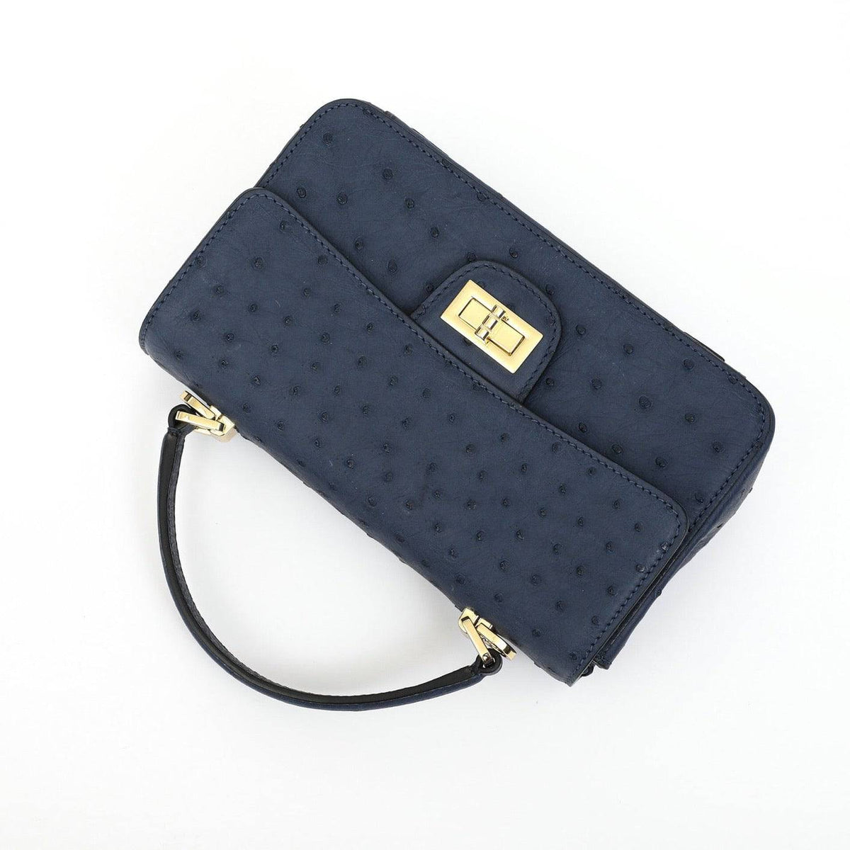 Rossie Viren borsa mini a tracolla con patta per donna in pelle di struzzo, con manico superiore e tracolla, dal design elegante e dalla texture raffinata.