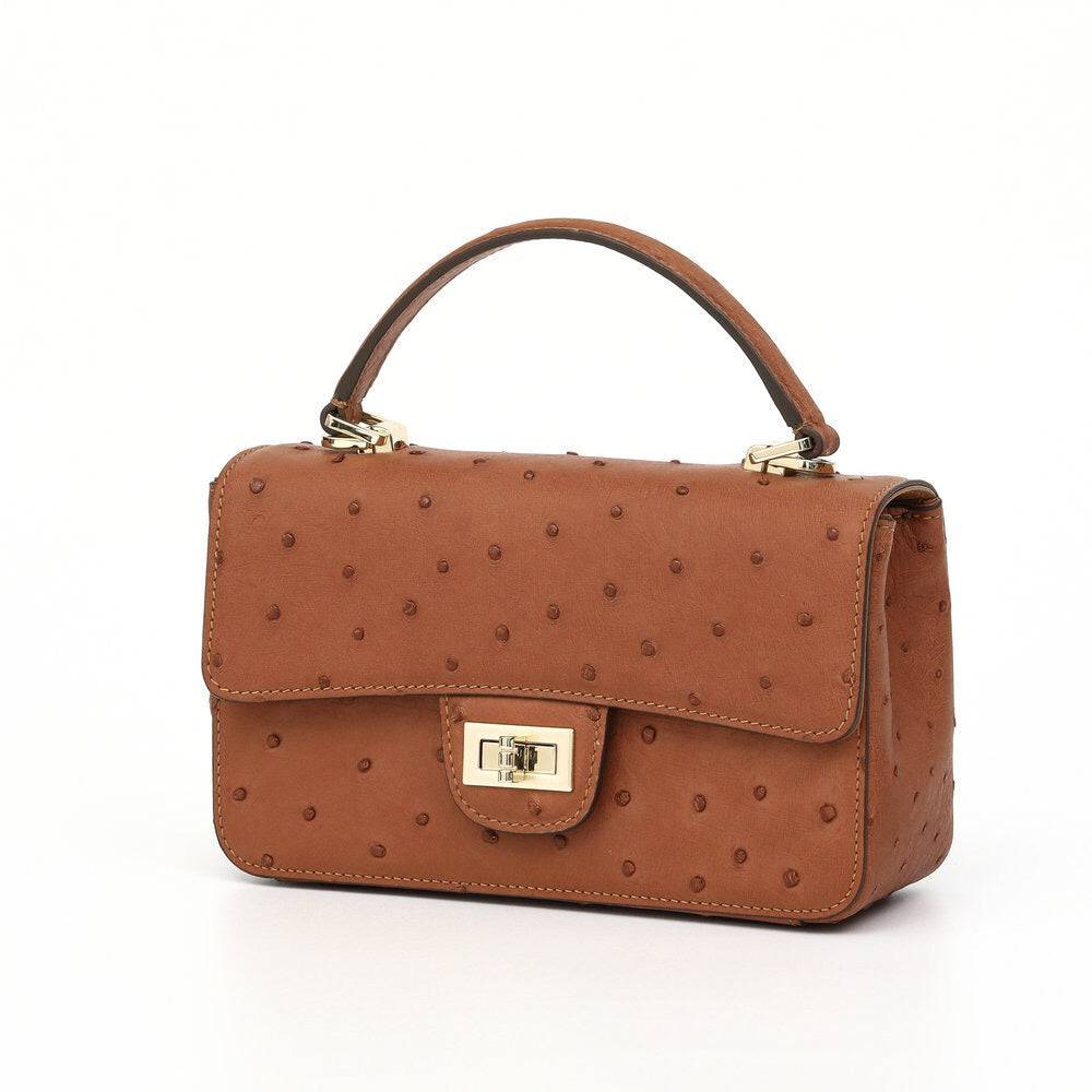 Borsa da donna mini in pelle di struzzo con patta e catena, con manico superiore e tracolla