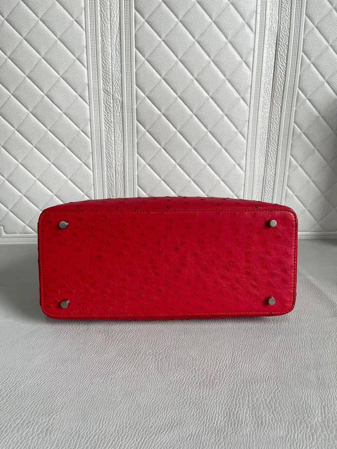 Womens Ostrich Leather Top Handle Shoulder Cross Body Bags Red 33cm