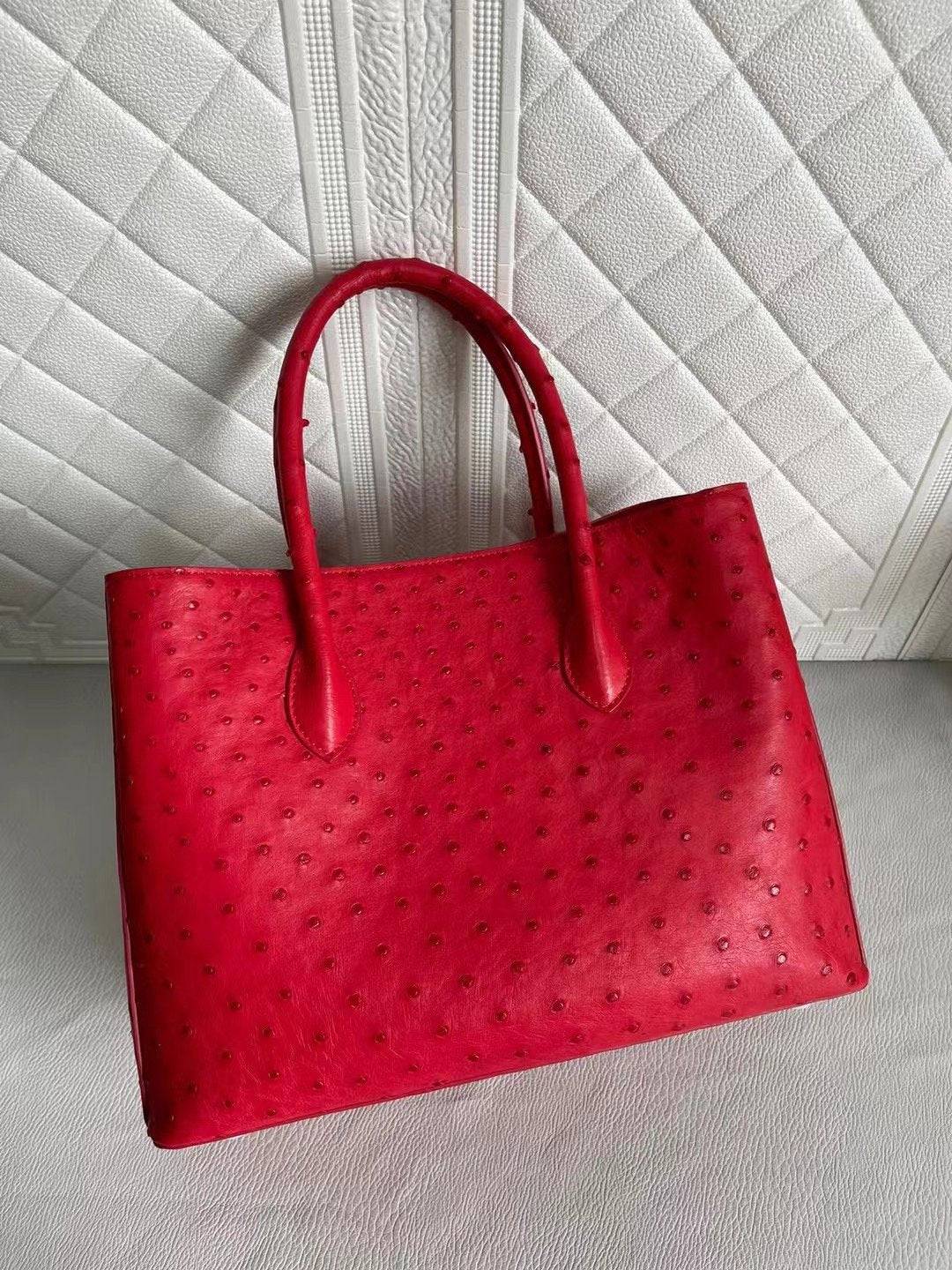 Womens Ostrich Leather Top Handle Shoulder Cross Body Bags Red 33cm