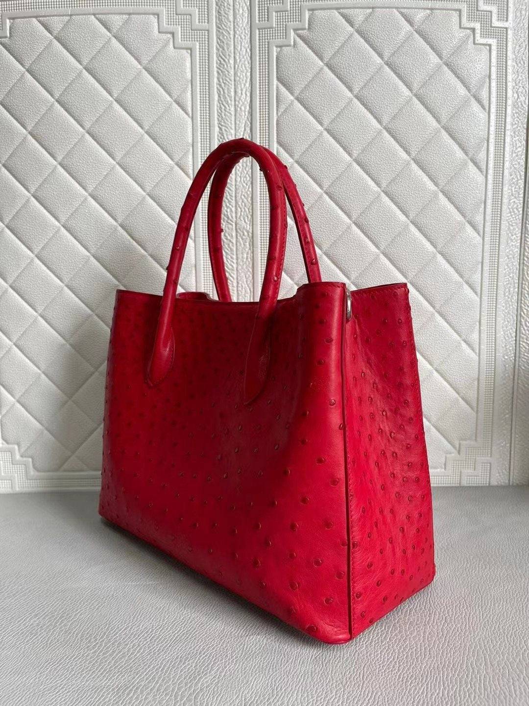 Womens Ostrich Leather Top Handle Shoulder Cross Body Bags Red 33cm