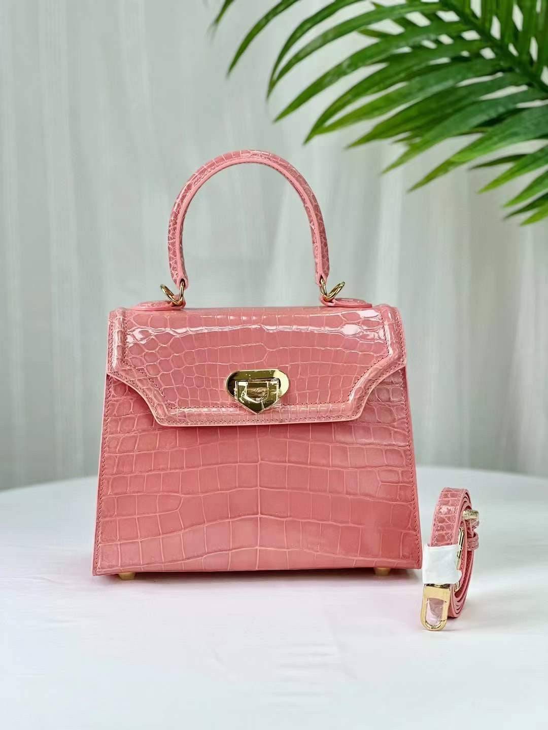 Womens Pale Rose Pink Shiny Crocodile Leather Top Handle Cross Body  Bag