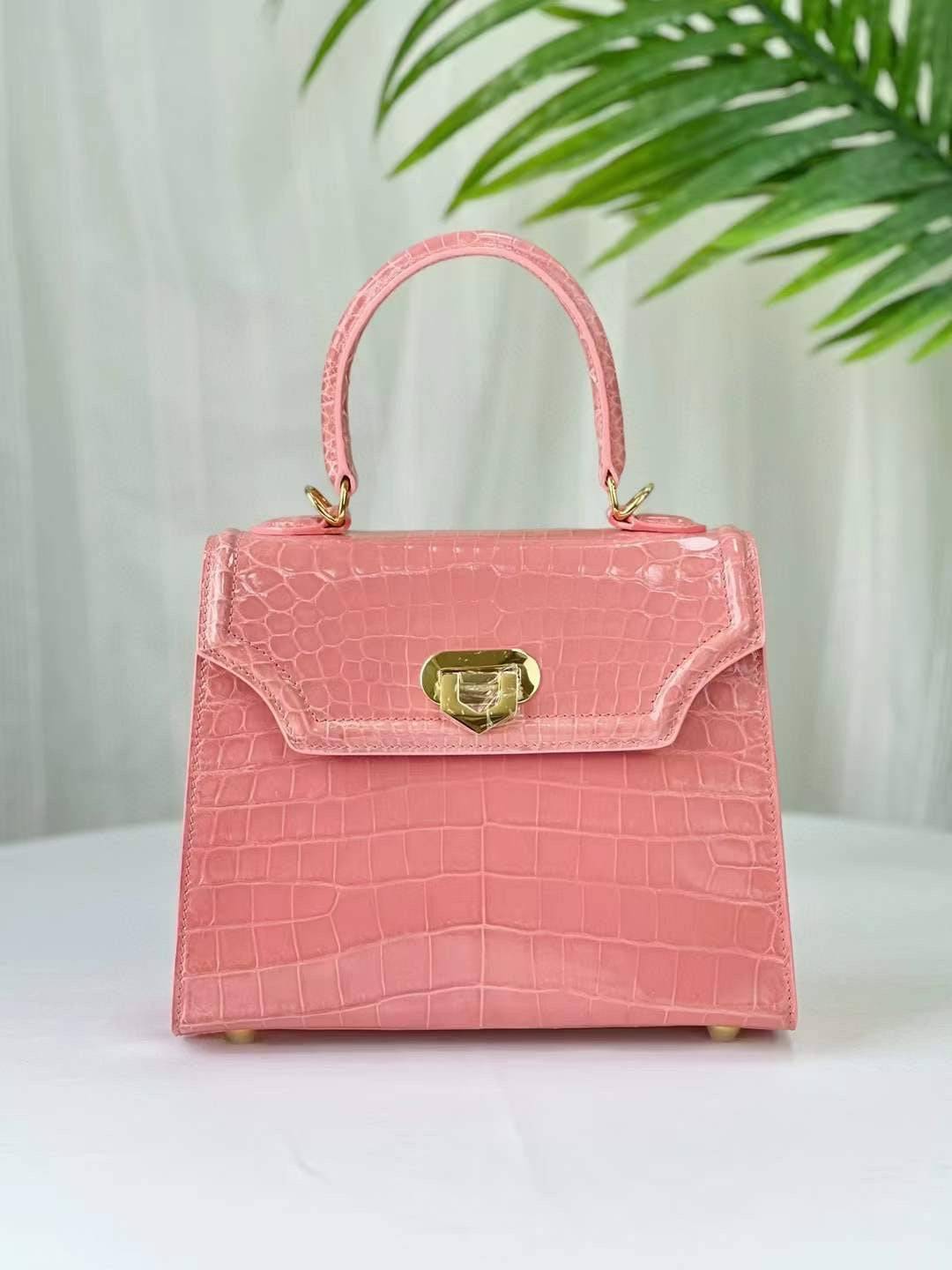 Womens Pale Rose Pink Shiny Crocodile Leather Top Handle Cross Body  Bag