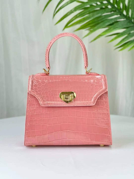 Womens Pale Rose Pink Shiny Crocodile Leather Top Handle Cross Body  Bag