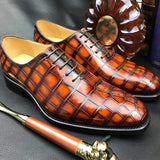 Burnished Tan Derby Crocodile Belly  Leather Lace-Up Shoes For Men