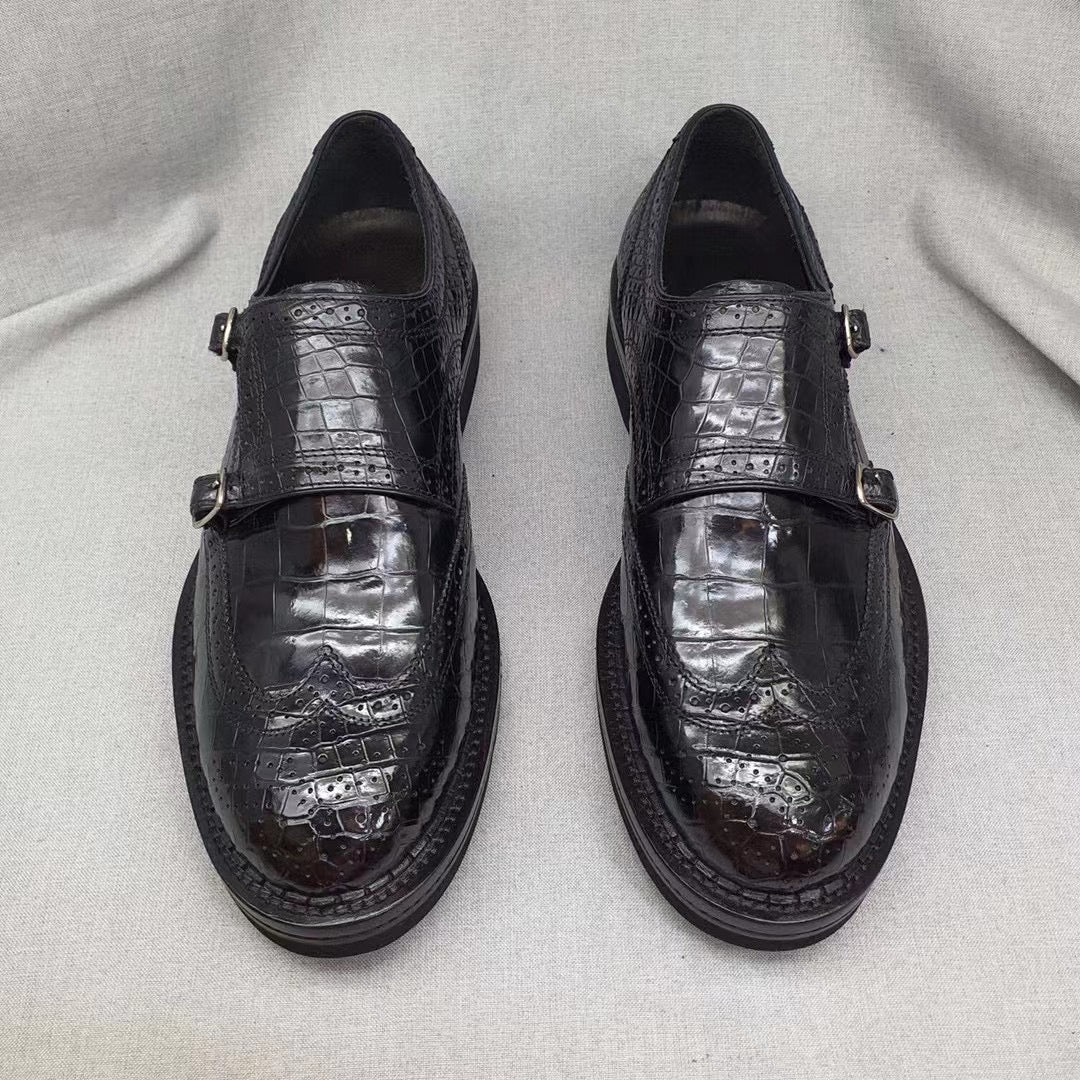 Men's Crocodile Leather Brogue Lace-Up Shoes Black