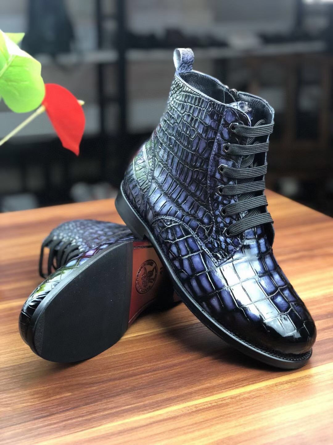 Crocodile Shoes Men's Vintage Crocodile Leather Lace-Up Boots