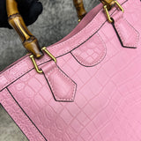 Crocodile Skin Leather Shoulder Crossbody Bag With Bamboo Handle Pink