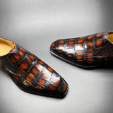 Genuine Crocodile Leather Mens Penny Loafers Dress Shoes Hand Painted Vintage Brown