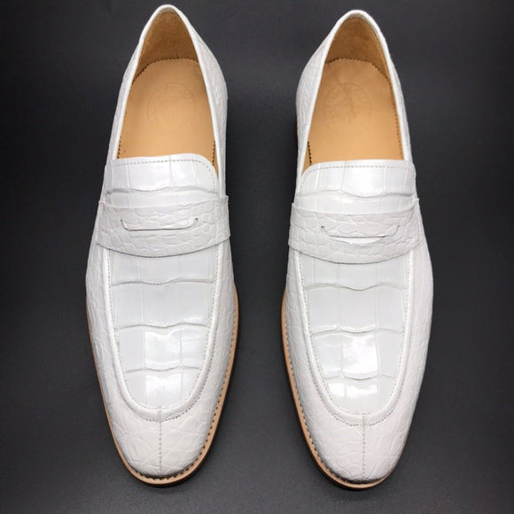 Genuine Crocodile Leather Mens Penny Loafers Dress Shoes White