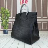Genuine Crocodile Skin Leather 40cm Oversized Hac Style  Padlock Business Handbags Black