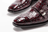 Goodyear Fashion Double Monk Strap Mens Dress Shoes Crocodile Leather - Wine Red