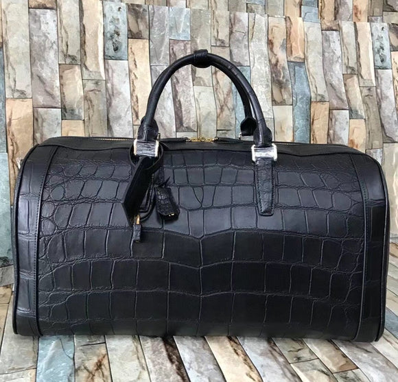 Large Crocodile Skin Leather Travel Duffel Bag Black