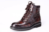 Mens Boots Genuine Crocodile Leather High-top Lace Up  Anti-Slip Boot Vintage Wine Red