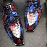 Mens Multi Color Square Toe Lace Up Genuine Crocodile Leather Dress Shoe