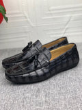 Preorder Crocodile  Leather Shoes Mens Slip-On Driving Loafer Shoes With Tassle Vintage Dark Grey
