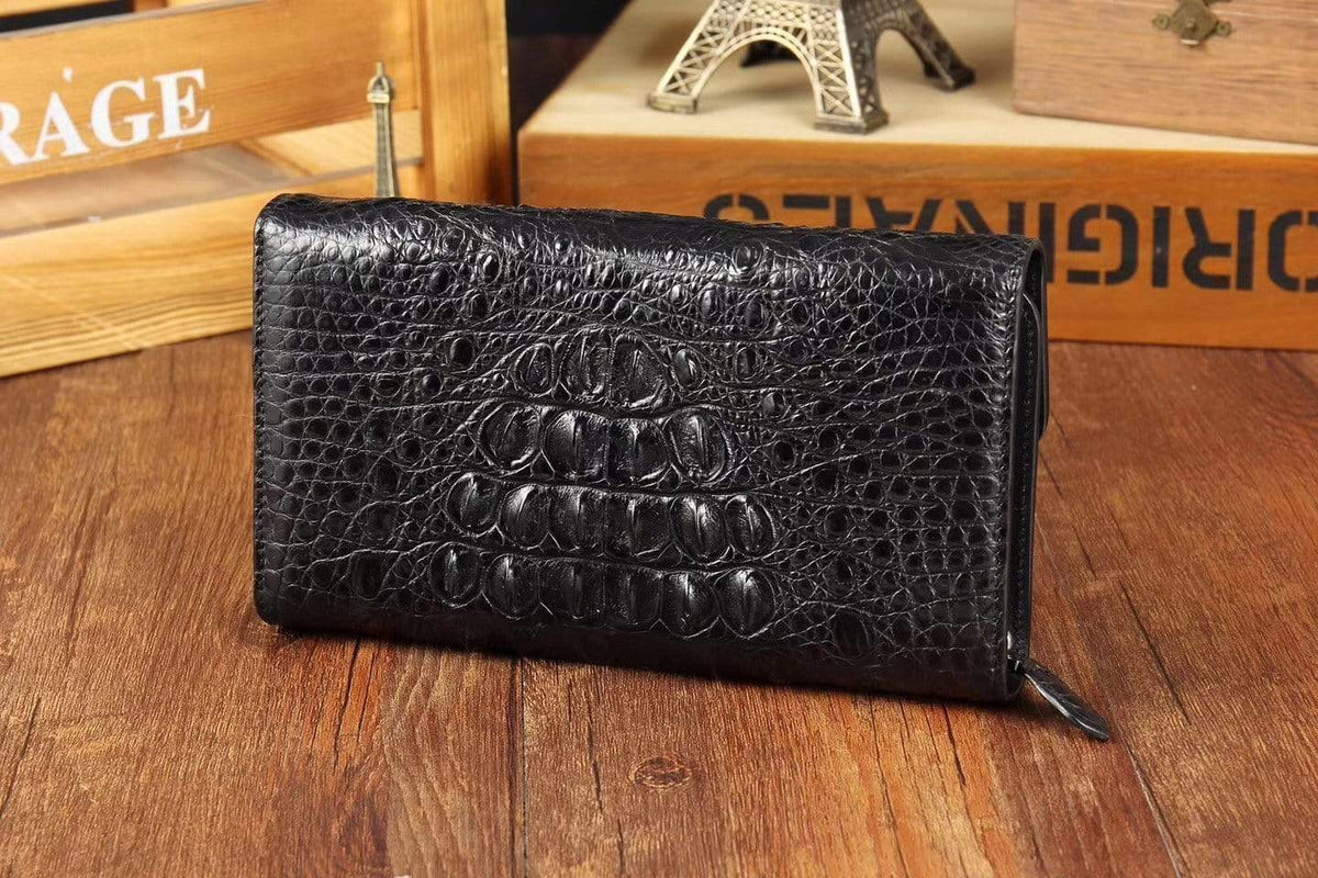 Preorder Crocodile Skin Belly Leather Trifold Wallet Clutches For Men Vintage Green