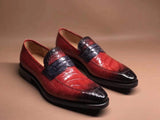 Red Men's Crocodile Leather Loafers,Slip-Ons Diving Shoes, Penny Loafers Shoes