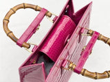 Women's High Glossy Beaded Crocodile Leather Bamboo Top Handle Bag Peach
