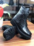 Women's Ostrich Leather Parker Combat Boots Black